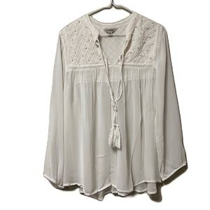 Lucky Brand, 100% Viscose, Tassel Up Front, Long Sleeve Top, Light Beige , M